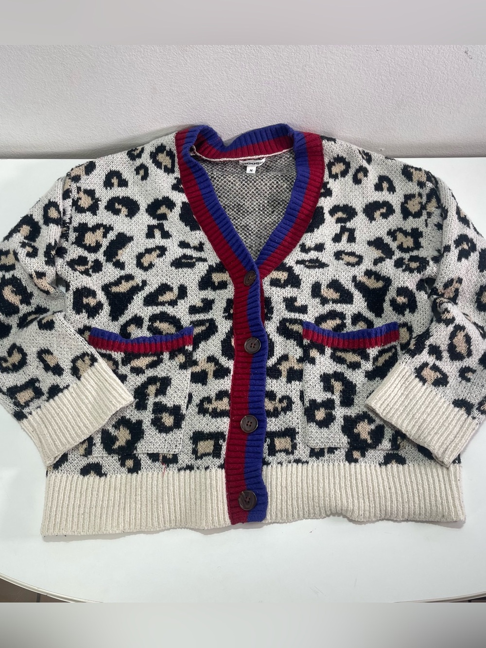 Vigoss Leopard Print Button Front Cardigan Red & Blue Trim Women's M Oversized